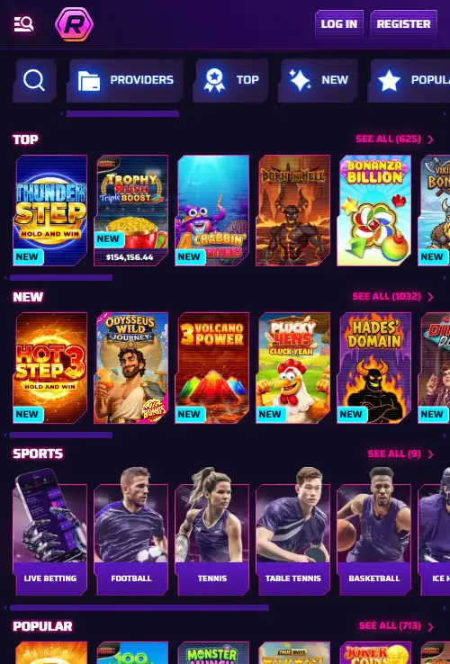 Roby Casino website displayed on a smartphone with the main casino navigation visible
