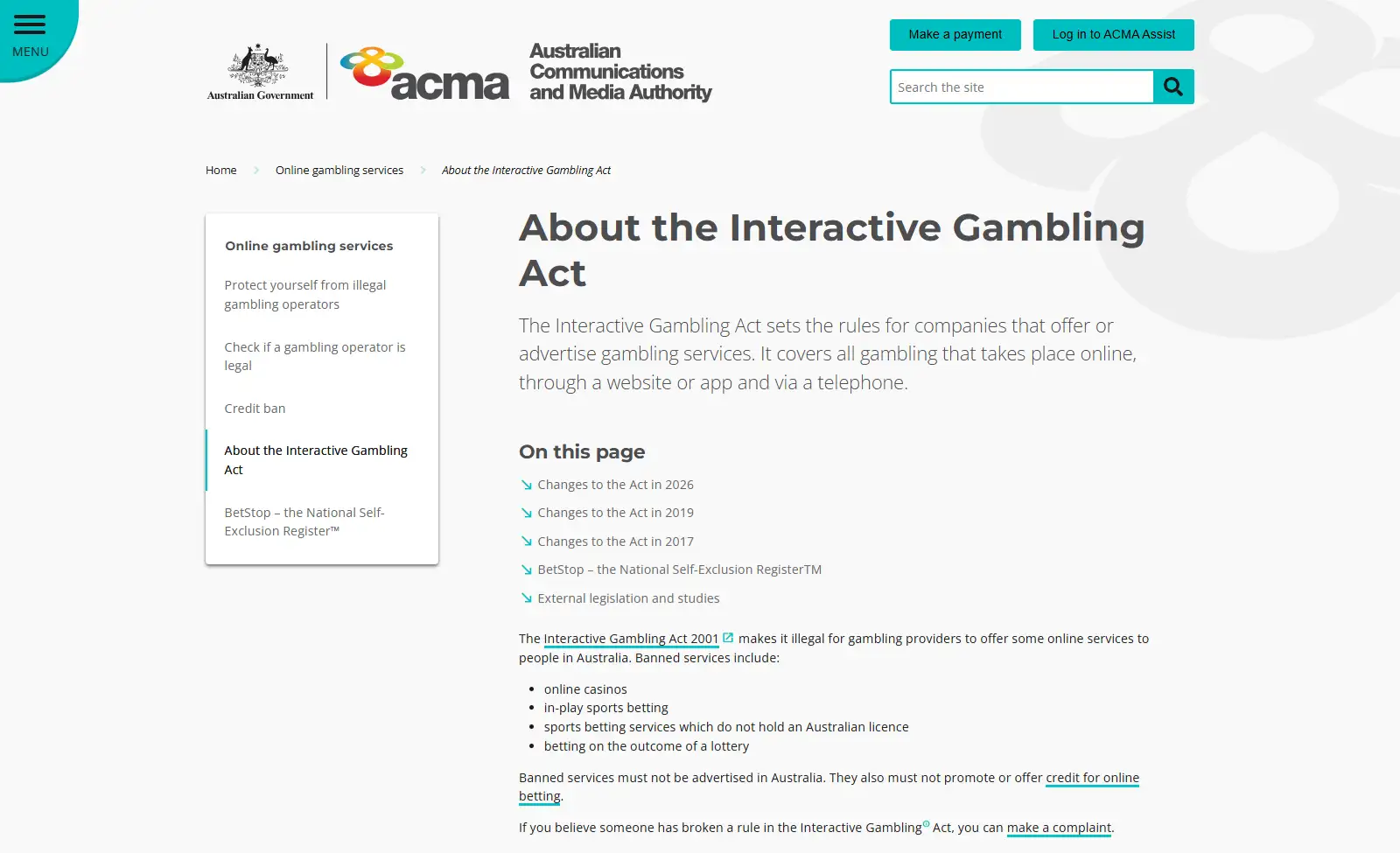 ACMA page explaining the Interactive Gambling Act and banned online casino services in Australia