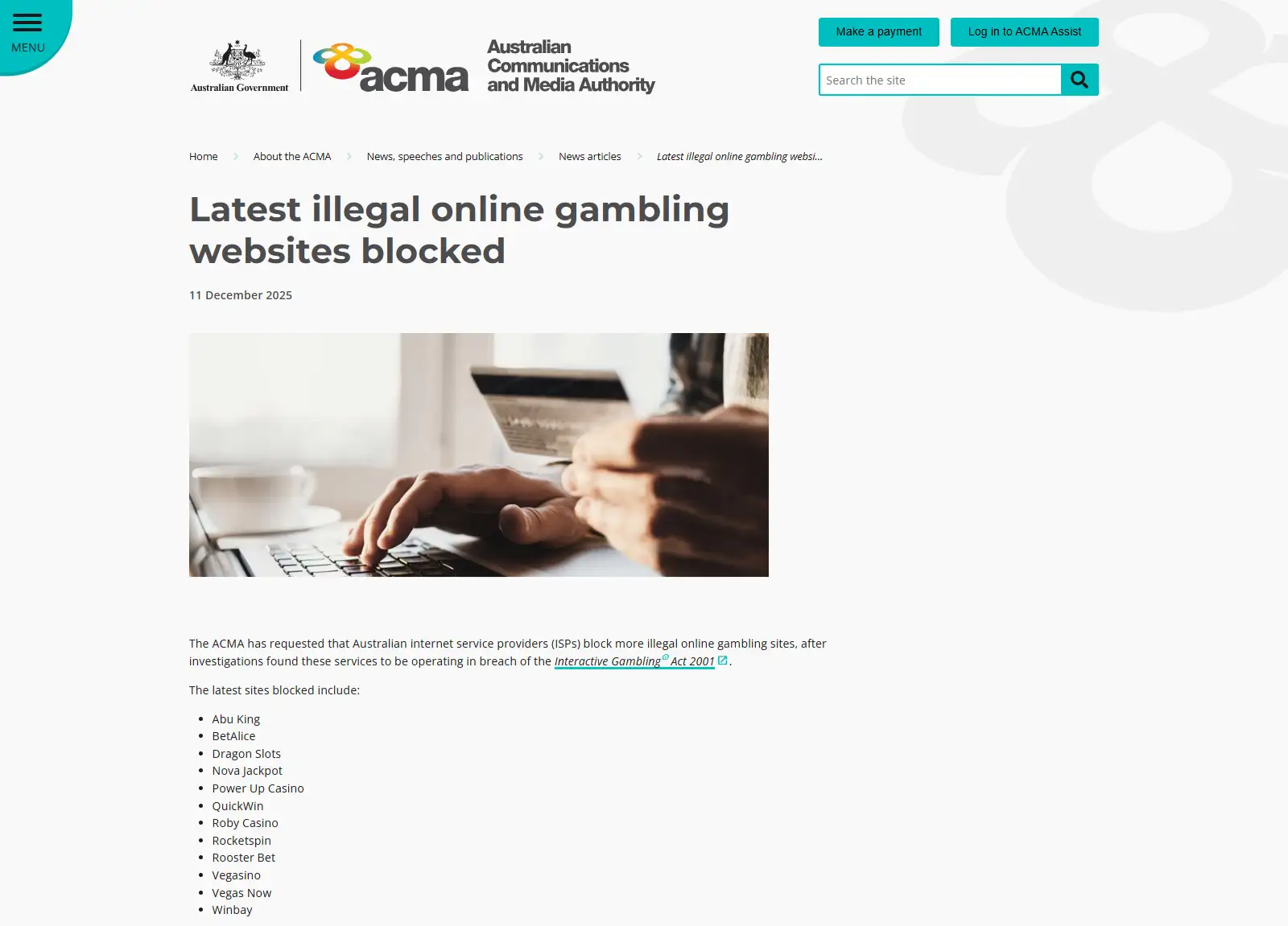 ACMA notice listing Roby Casino among online gambling services referred for blocking