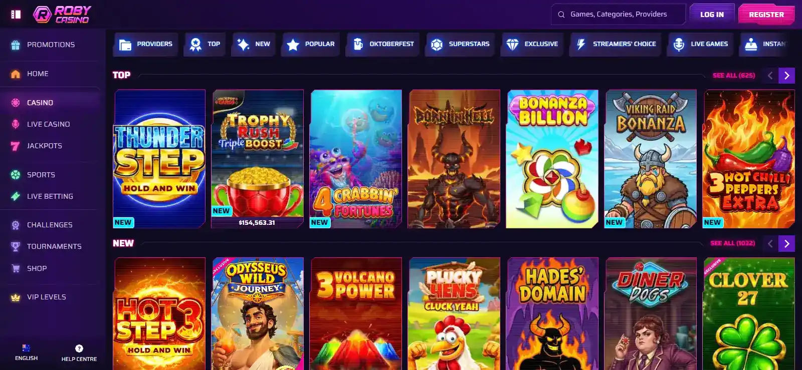 Roby Casino game lobby with pokies and live casino categories