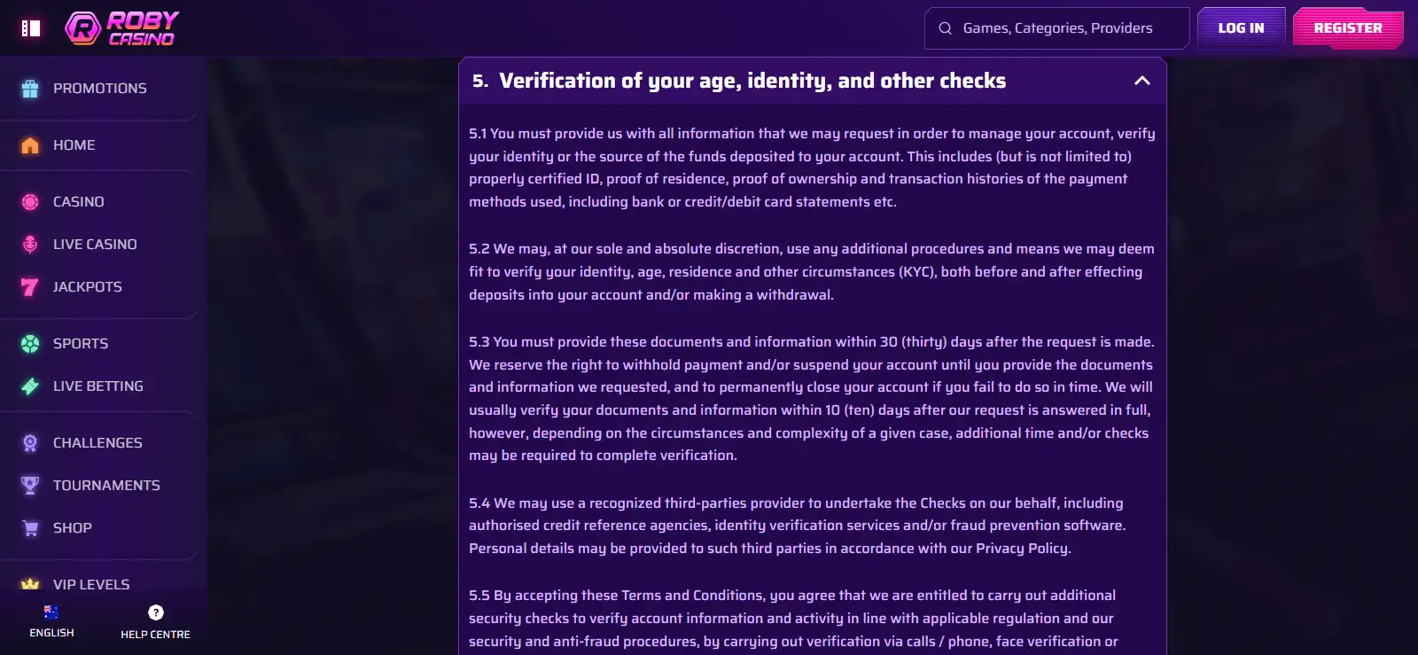 Roby Casino terms section covering identity and account verification