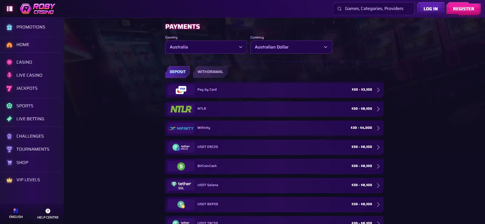 Roby Casino cashier showing payment choices for an account