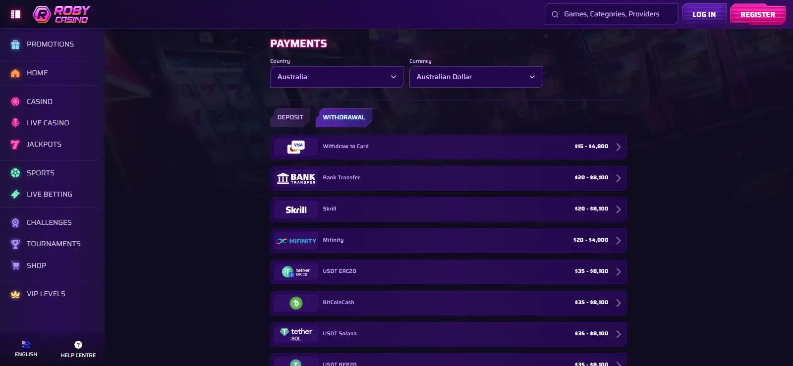Roby Casino terms showing AUD withdrawal limits and payout processing conditions