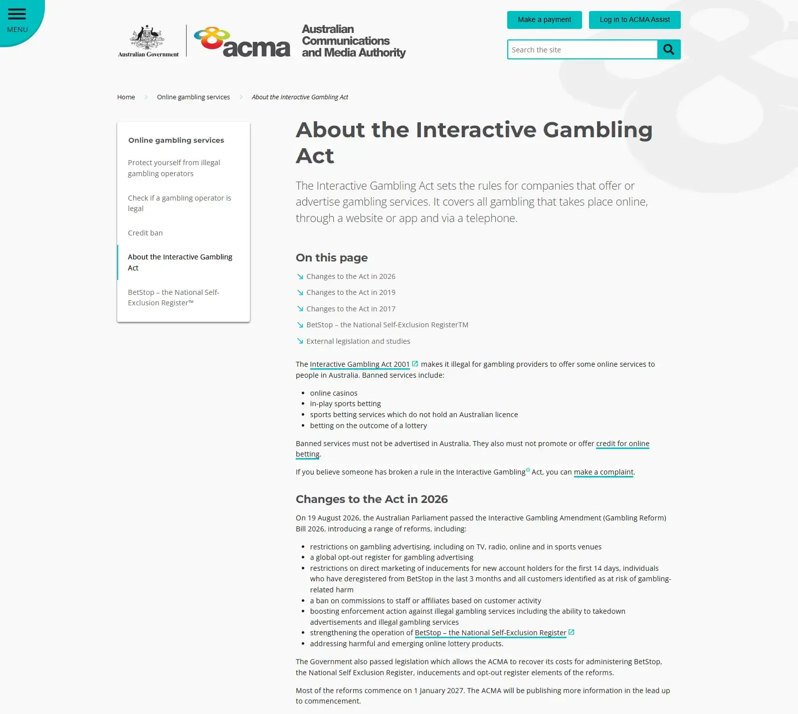 Australian Communications and Media Authority page describing the 2026 interactive gambling law changes