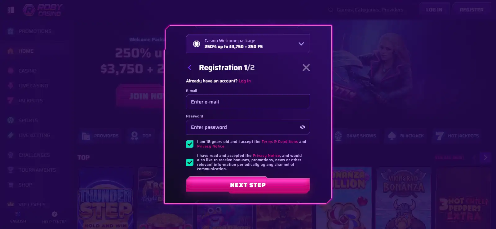 Roby Casino registration page opened from the English homepage