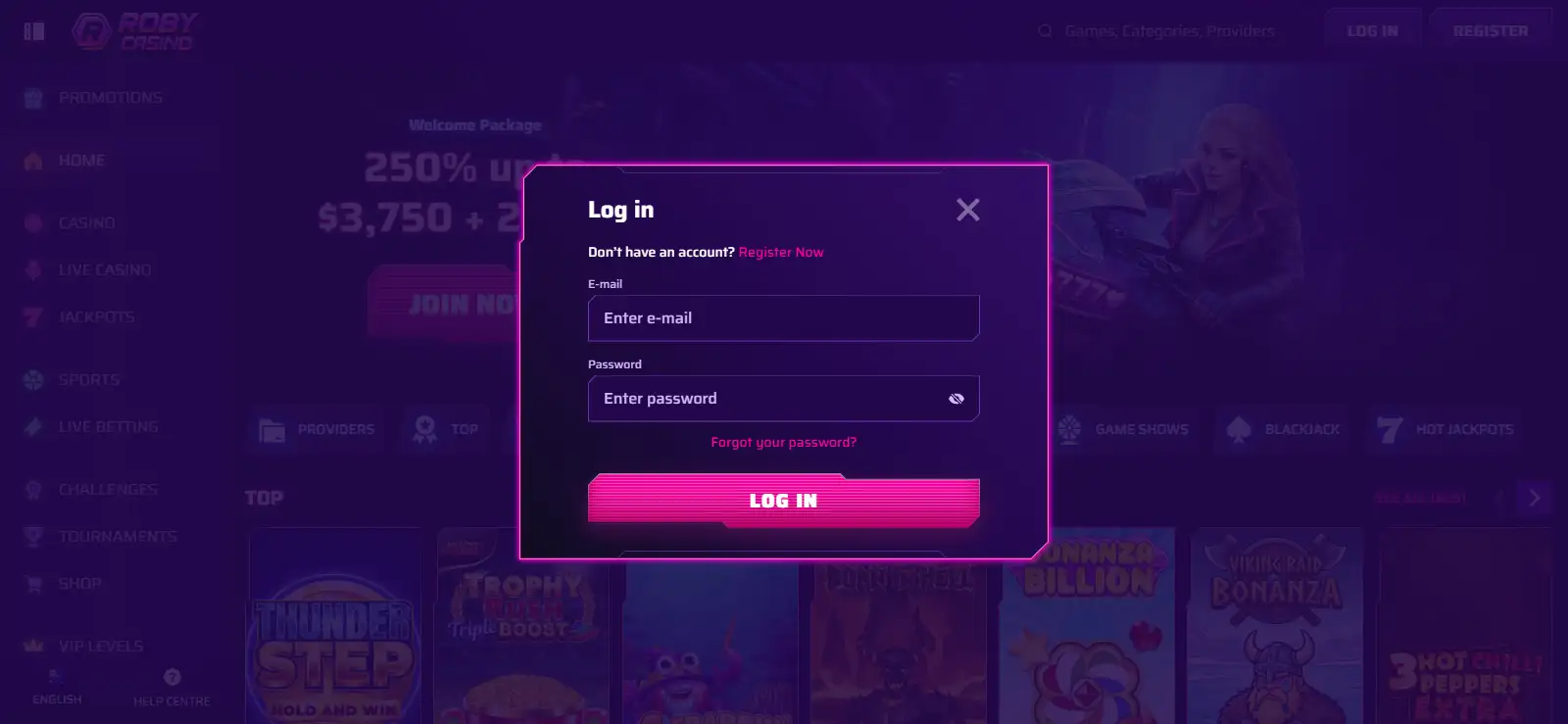 Roby Casino English homepage with the account login control visible
