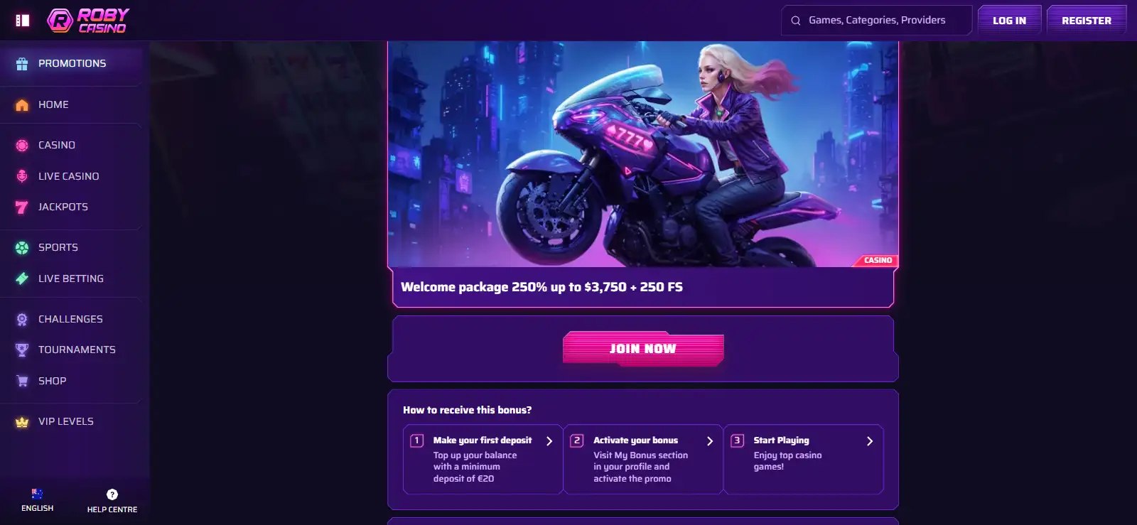 Roby Casino welcome package page with Australian dollar bonus terms